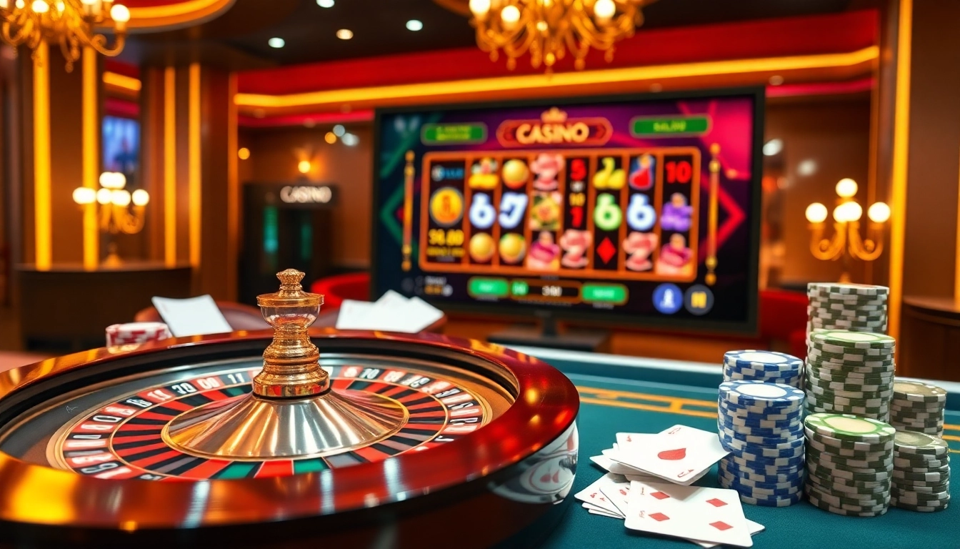 Vivez l'excitation du meilleur casino en ligne avec une scène de jeu numérique luxueuse mettant en vedette la roulette et le poker.