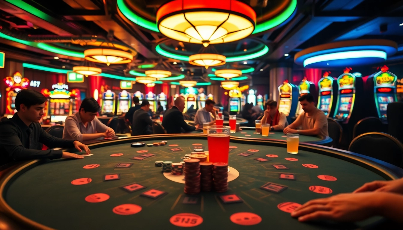 Permainan kasino vegas88 yang menarik dengan meja poker dan pemain antusias.