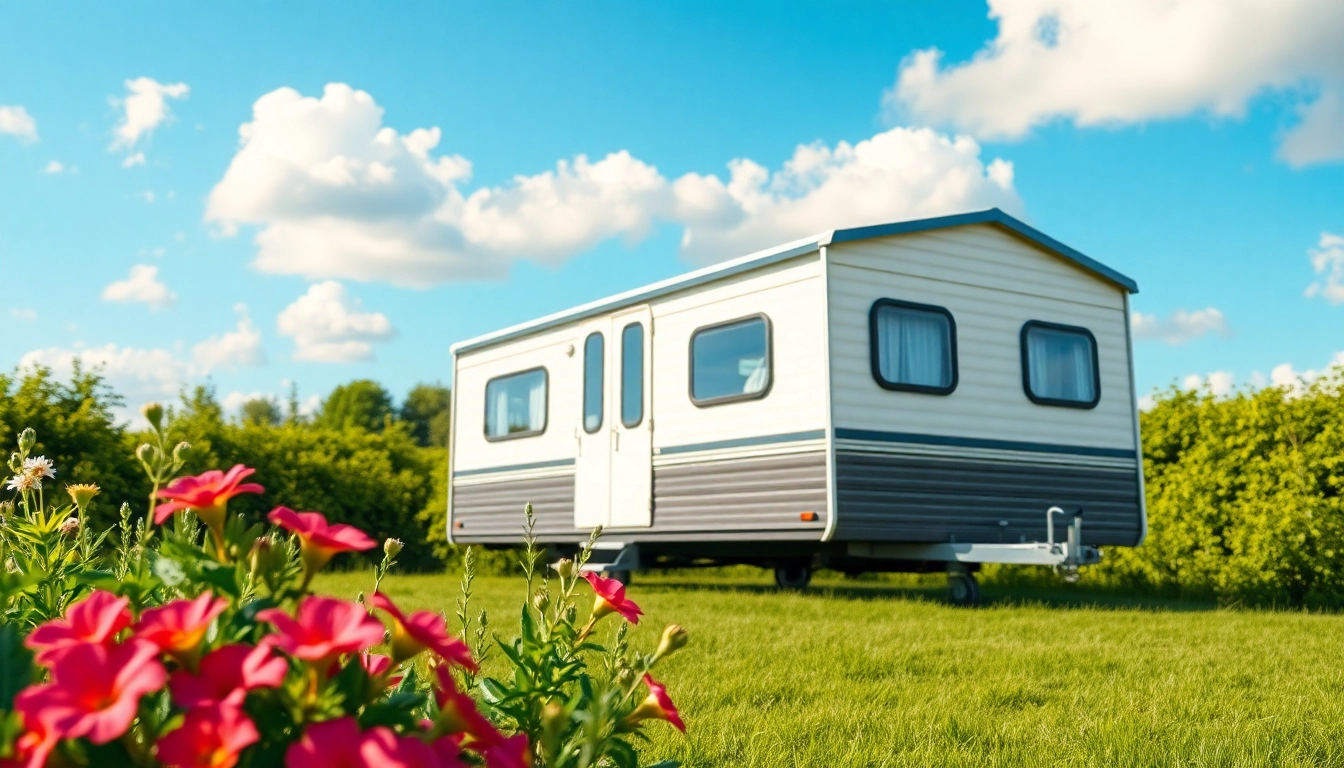 Static Caravans nestled in a lush green setting with vibrant flowers and clear skies.