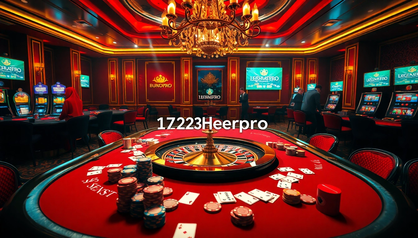 Players enjoying intense poker action at a luxurious casino table, featuring the brand 123heropro prominently.