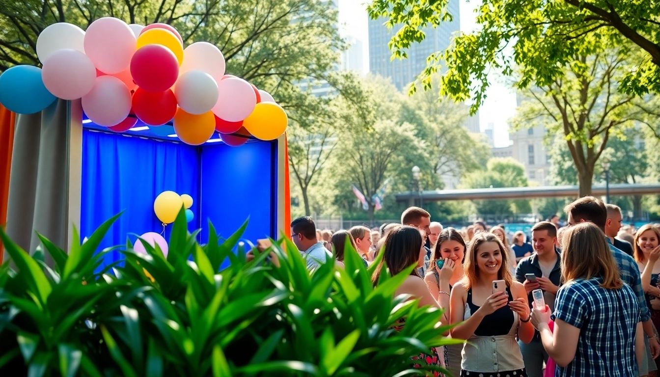 Guests enjoying a fun photo booth experience in Chicago with vibrant props.