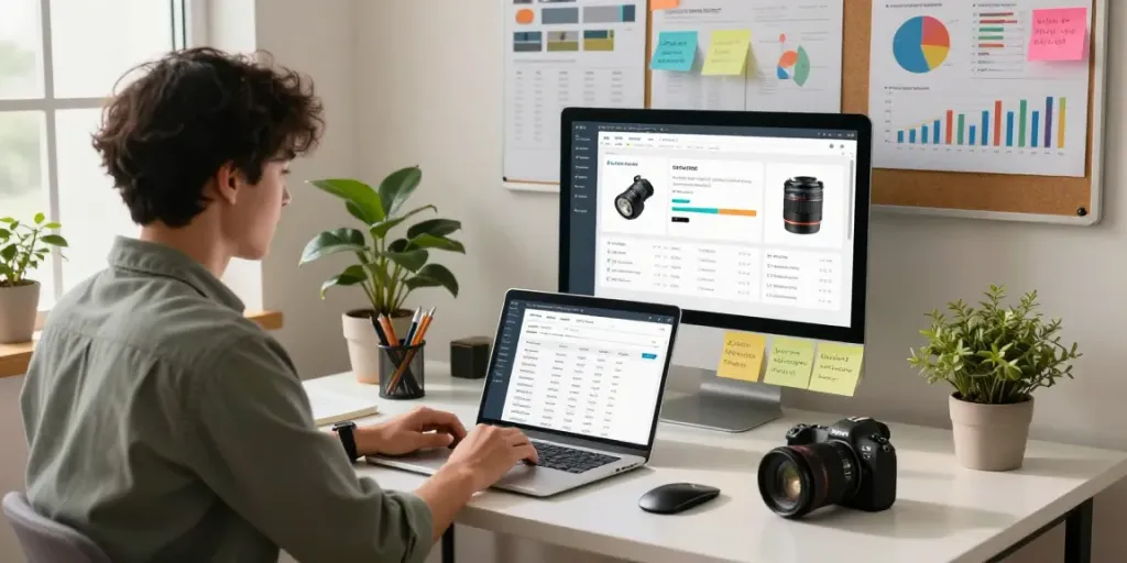Enhancing Amazon listing optimization in a modern workspace with analytics tools, charts, and product images.