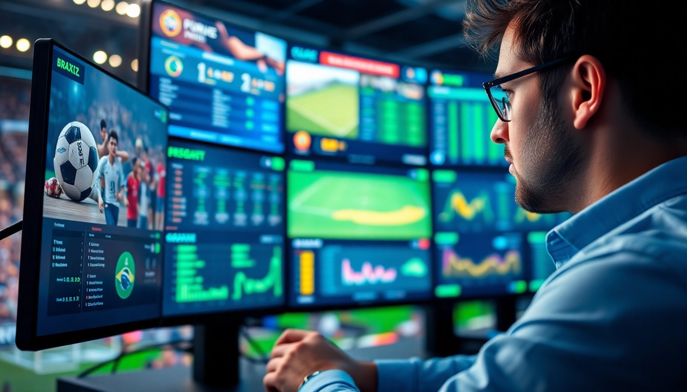 Engaged sports betting in Brazil enthusiast analyzing statistics on digital devices surrounded by vibrant sports graphics.