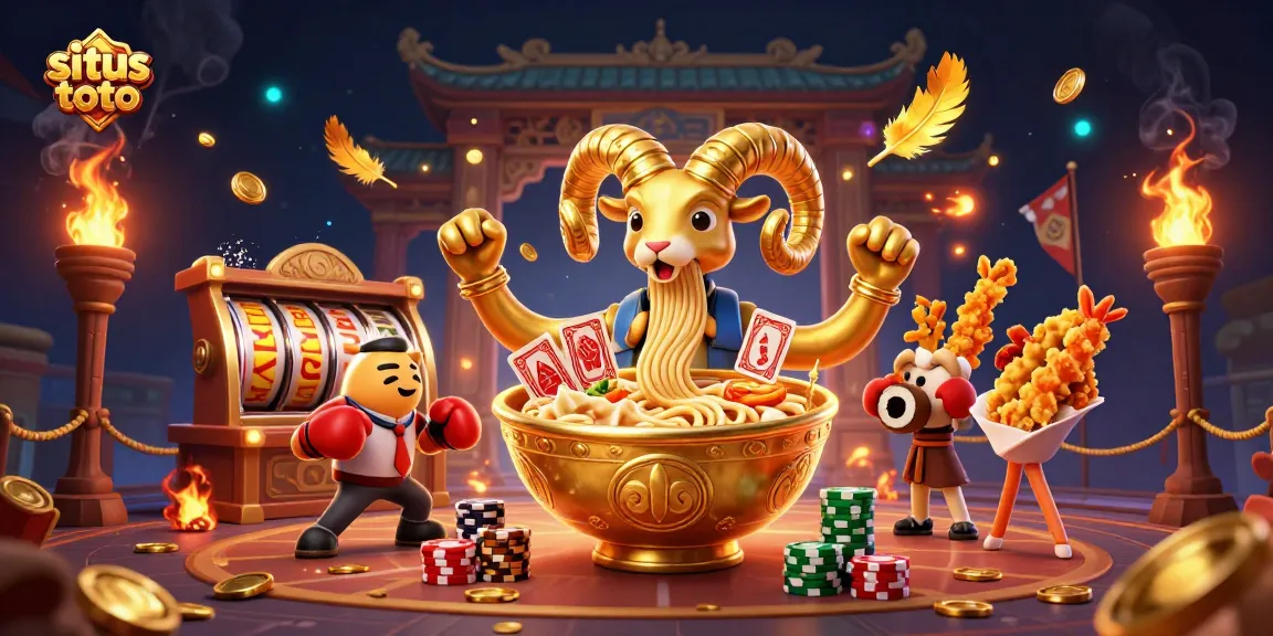 Experience the thrill of winning with situs toto, featuring a cartoon ramen bowl dealer and vibrant casino elements.