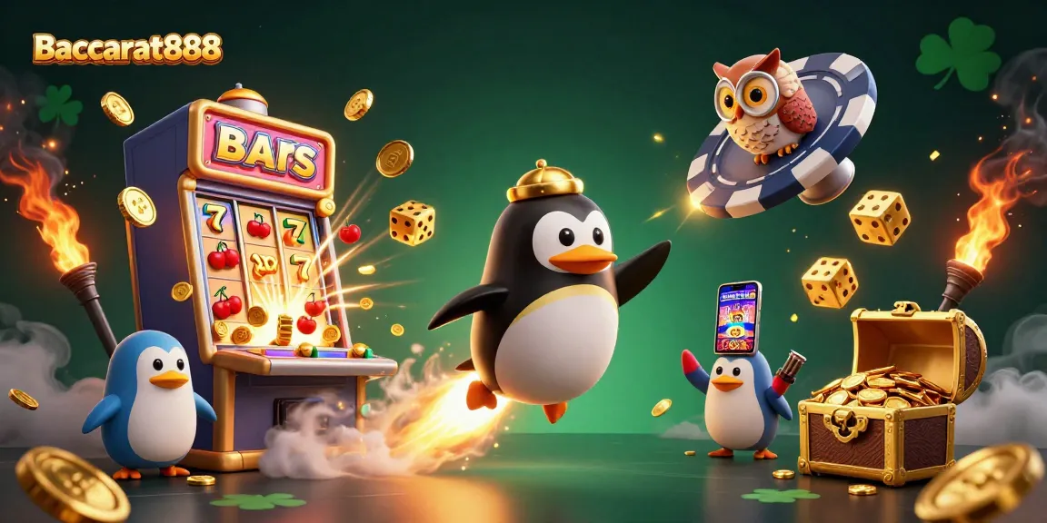Experience Baccarat888 with engaging visuals of golden penguins and jackpots in a colorful casino scene.