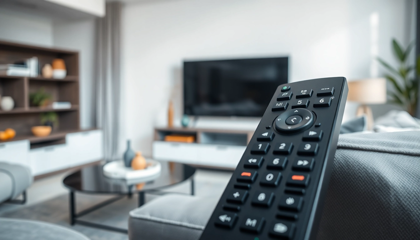 Steuere deine Grundig Fernbedienung in einem modernen Wohnzimmer mit einem ergonomischen Design.