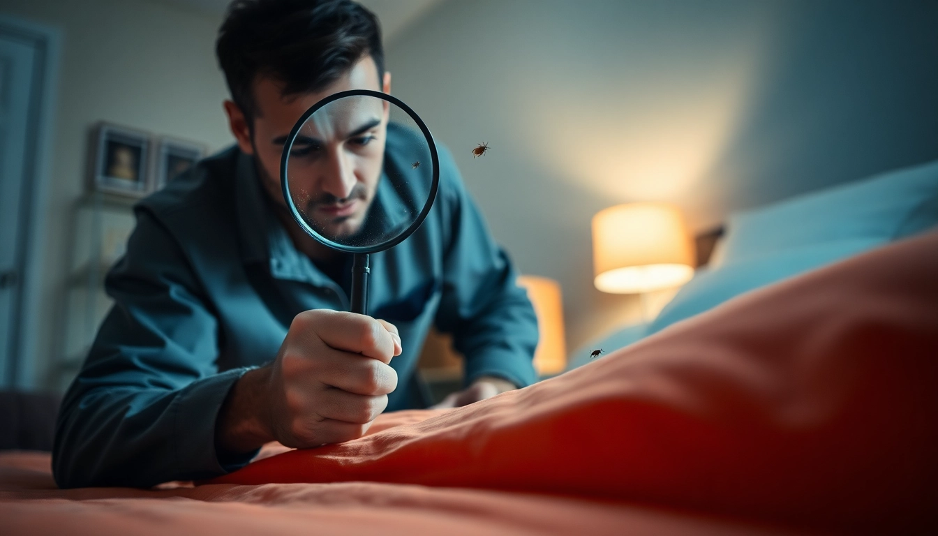 Implementing effective bed bug treatment by a professional pest control expert with a magnifying glass.