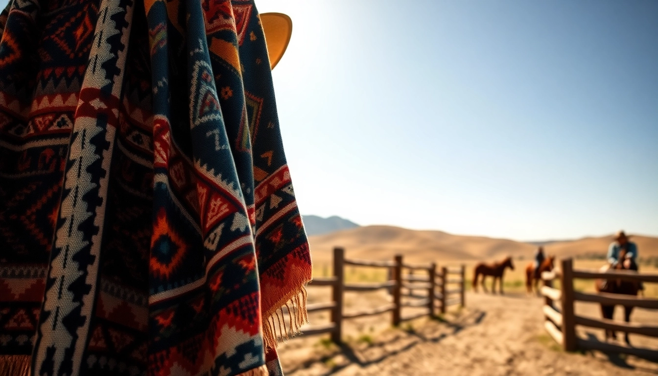 Model showcasing Aztec Print Western Wear in a sunny ranch setting with horses and vibrant colors.