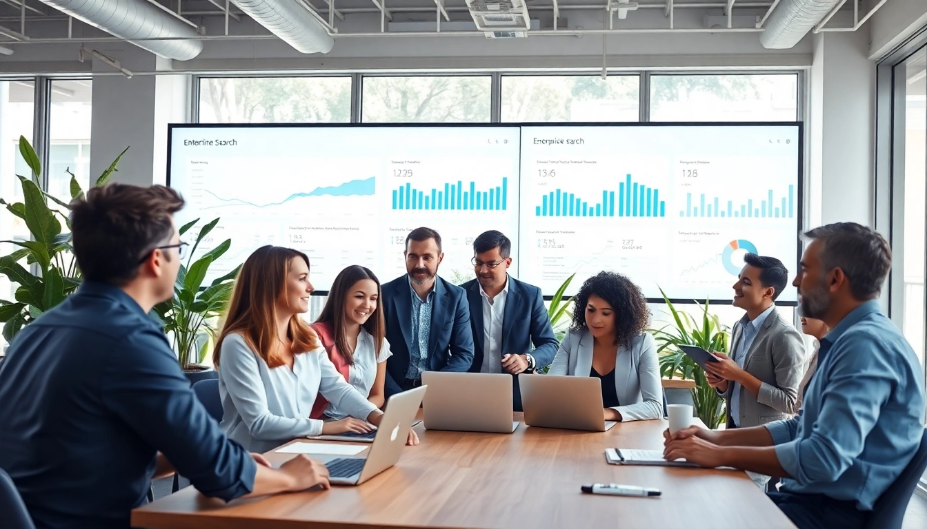 Collaboration on enterprise search tools in a modern office environment.