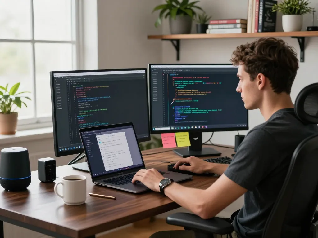 Moltbot AI at work in a modern home office, showcasing proactive communication and seamless tech integration.