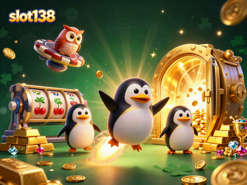 Spin the slot138 reels with excitement as a golden penguin journeys through a dazzling casino