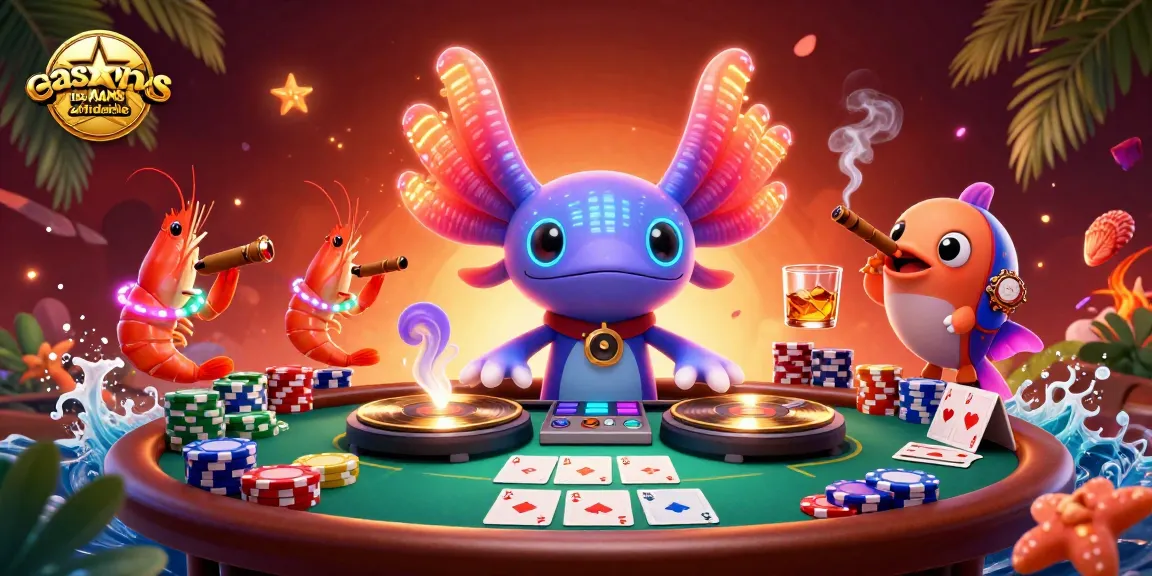 Immagine di un axolotl DJ al casinò non AAMS affidabile con giochi di poker e figure colorate.