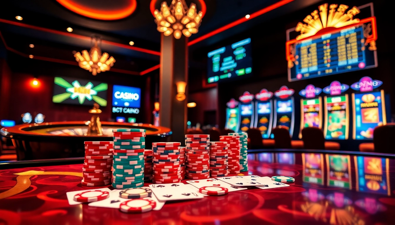 Scène excitante au meilleur casino en ligne avec des tables de jeu vibrantes et une roue de roulette qui tourne.