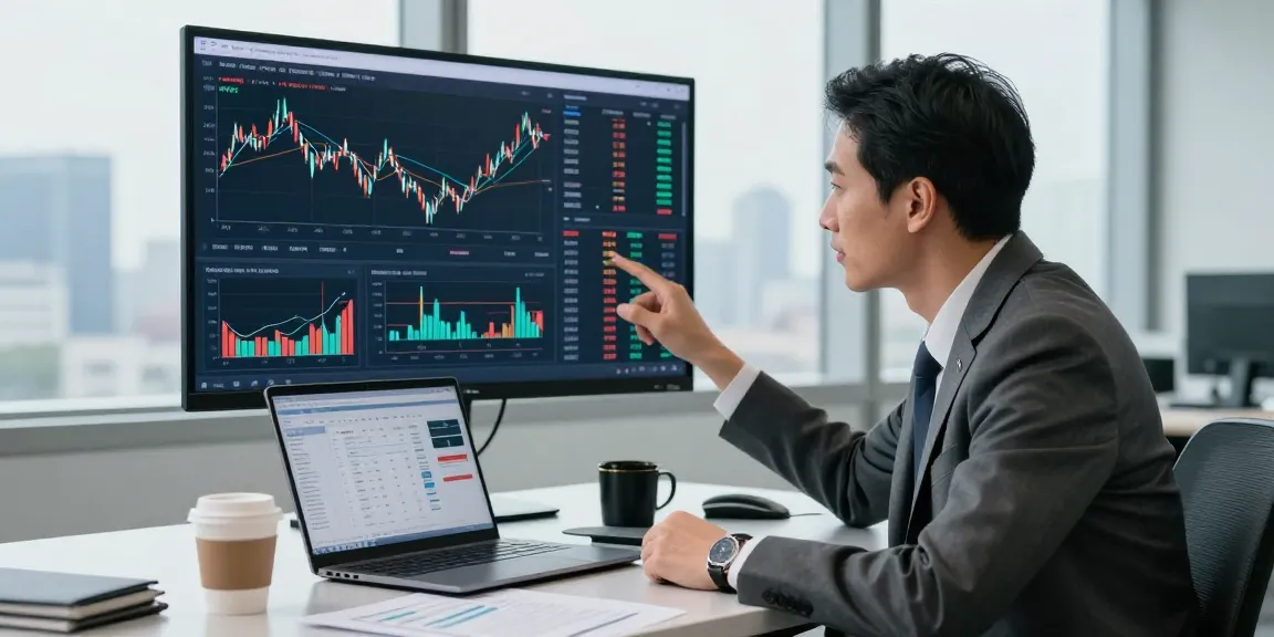 Expert analyzing trading market insights on display in a modern office.