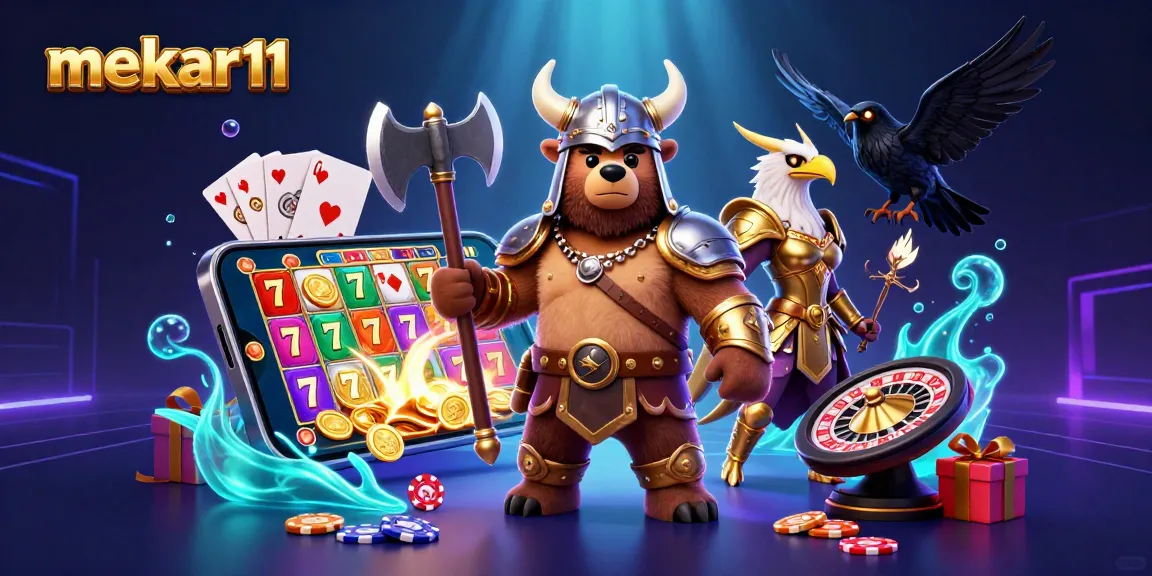 Engage with mekar11 gaming thrills in a vibrant 3D colorful casino scene with dynamic slot reels.