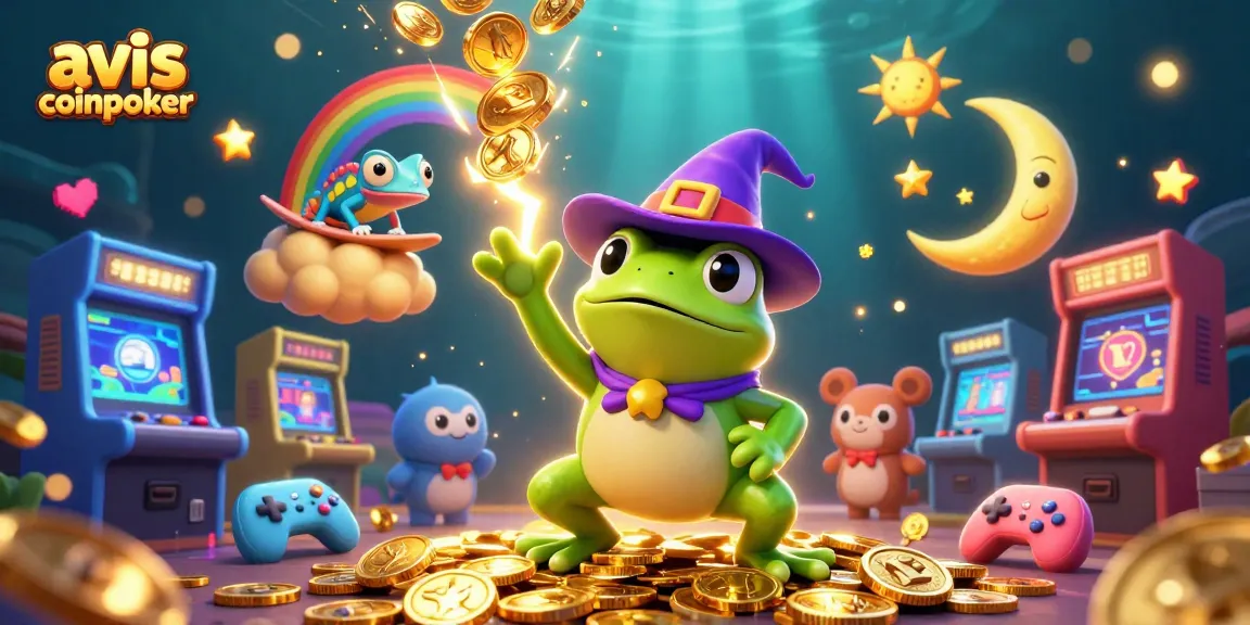 Découvrez les avantages de CoinPoker avec cette illustration colorée représentant des jeux et personnages dynamiques.