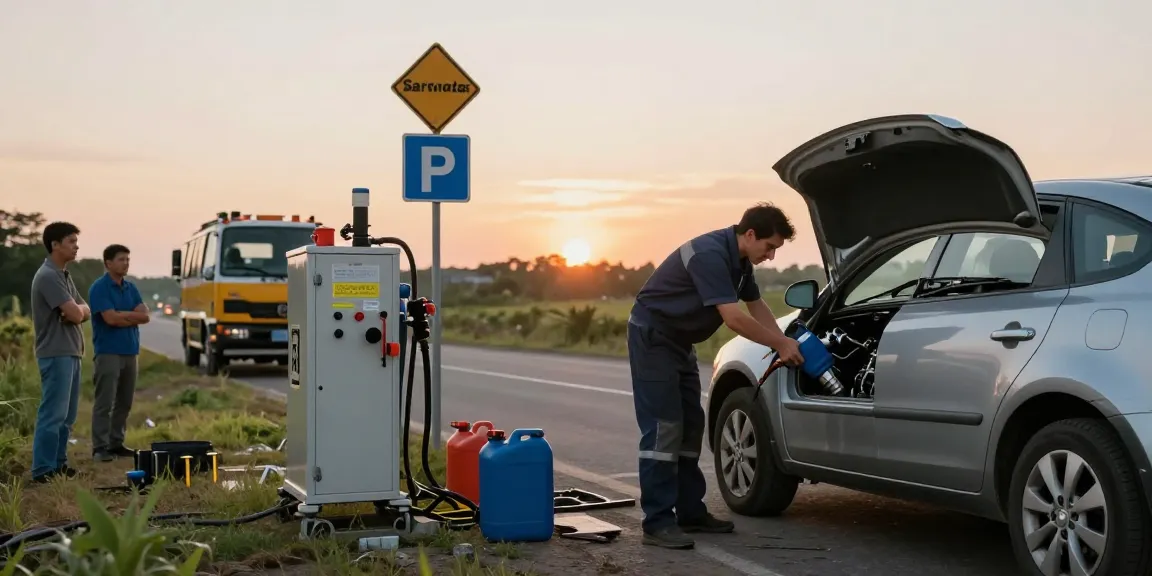 Mechanic draining petrol in diesel car on roadside during evening