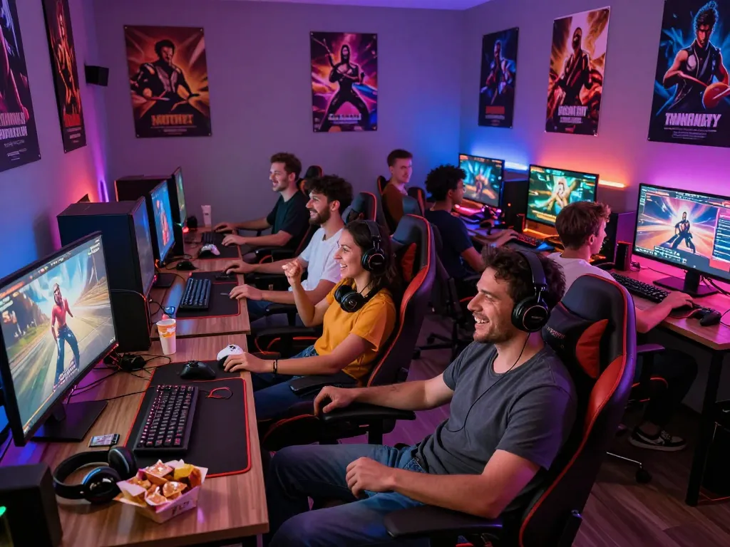 Excited group playing porn game online in a vibrant gaming lounge, surrounded by interactive screens and gaming gear.
