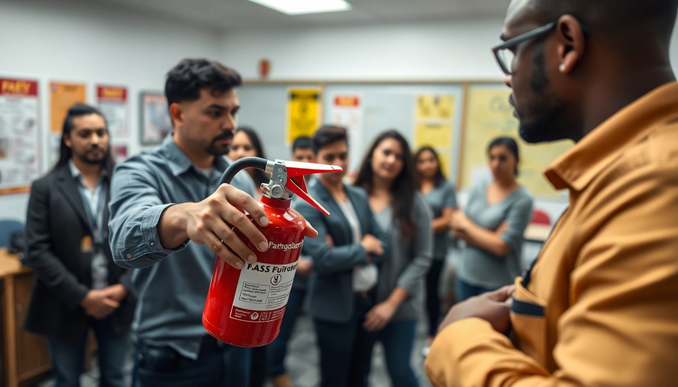 Participants learning the P.A.S.S. method to use a fire extinguisher in a training session.