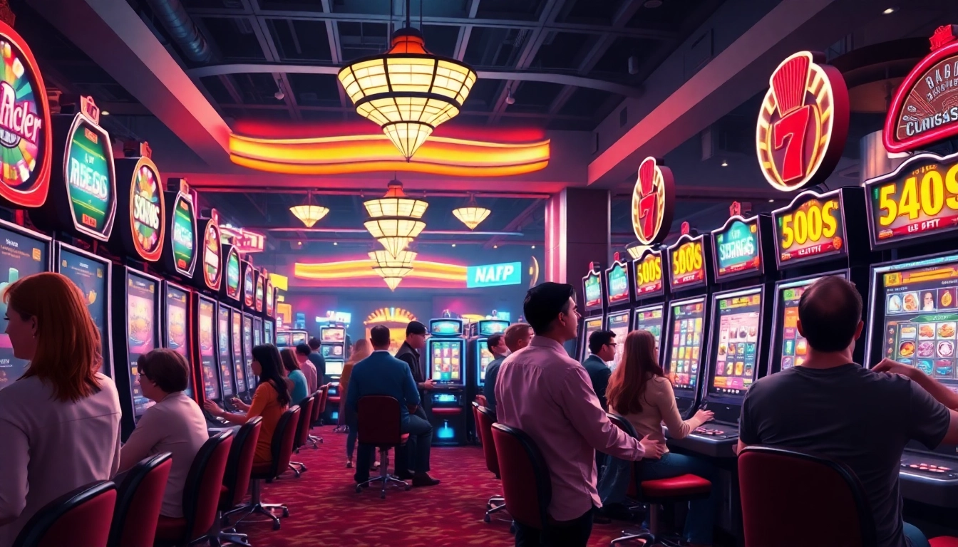 Permainan slot online yang menarik dengan mesin yang berkilau di kasino yang cerah.
