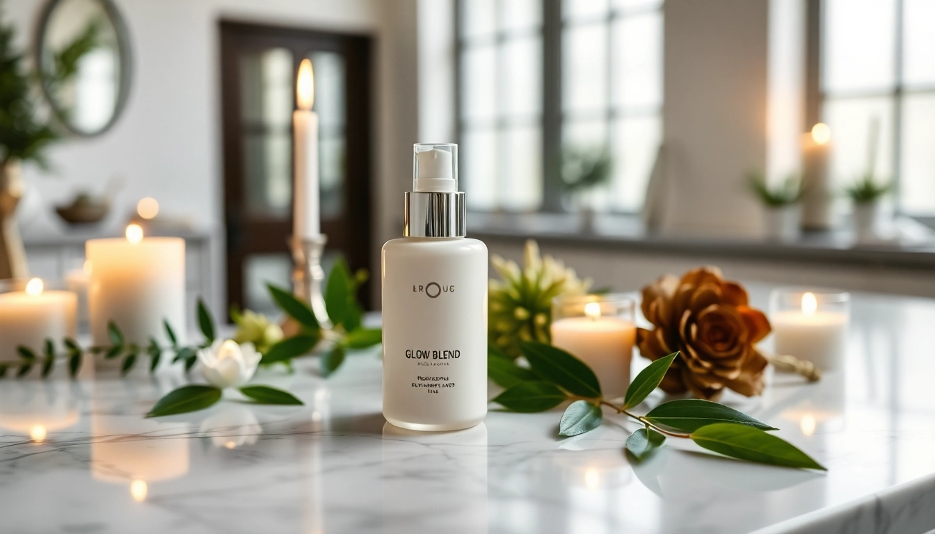 Glow Blend skincare product elegantly showcased with soothing botanicals.