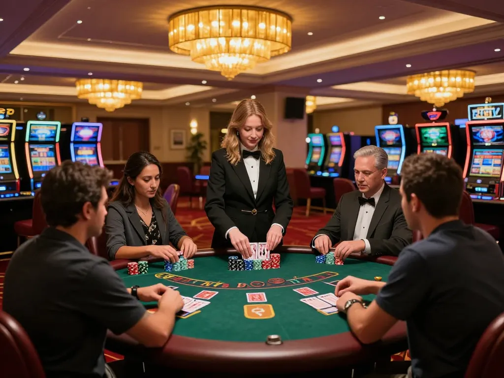 Players enjoying blackjack at 678vip casino, with engaging dealer and vibrant atmosphere.
