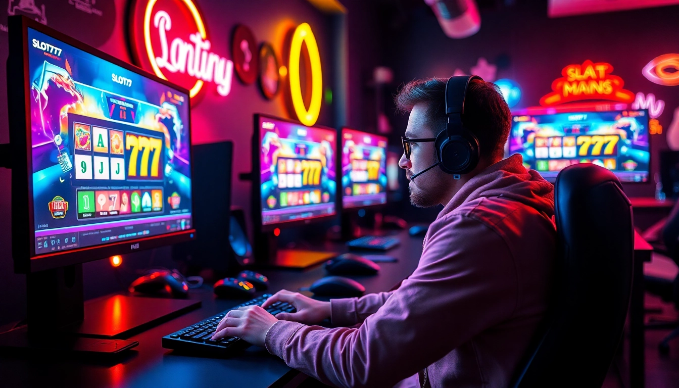 Menangkan permainan di slot777 dengan gamer fokus dalam suasana bermain yang energik.