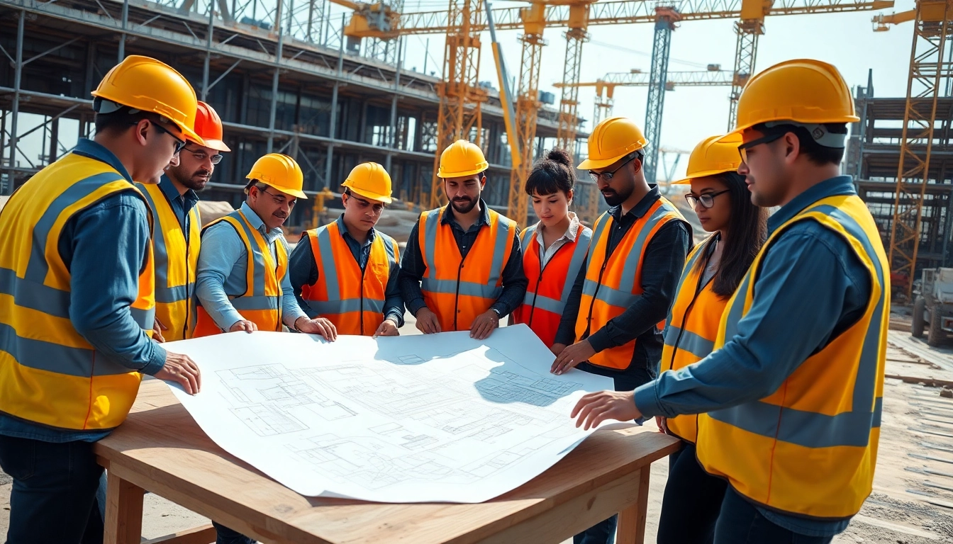 Construction career professionals discussing plans at a busy site with cranes and blueprints.