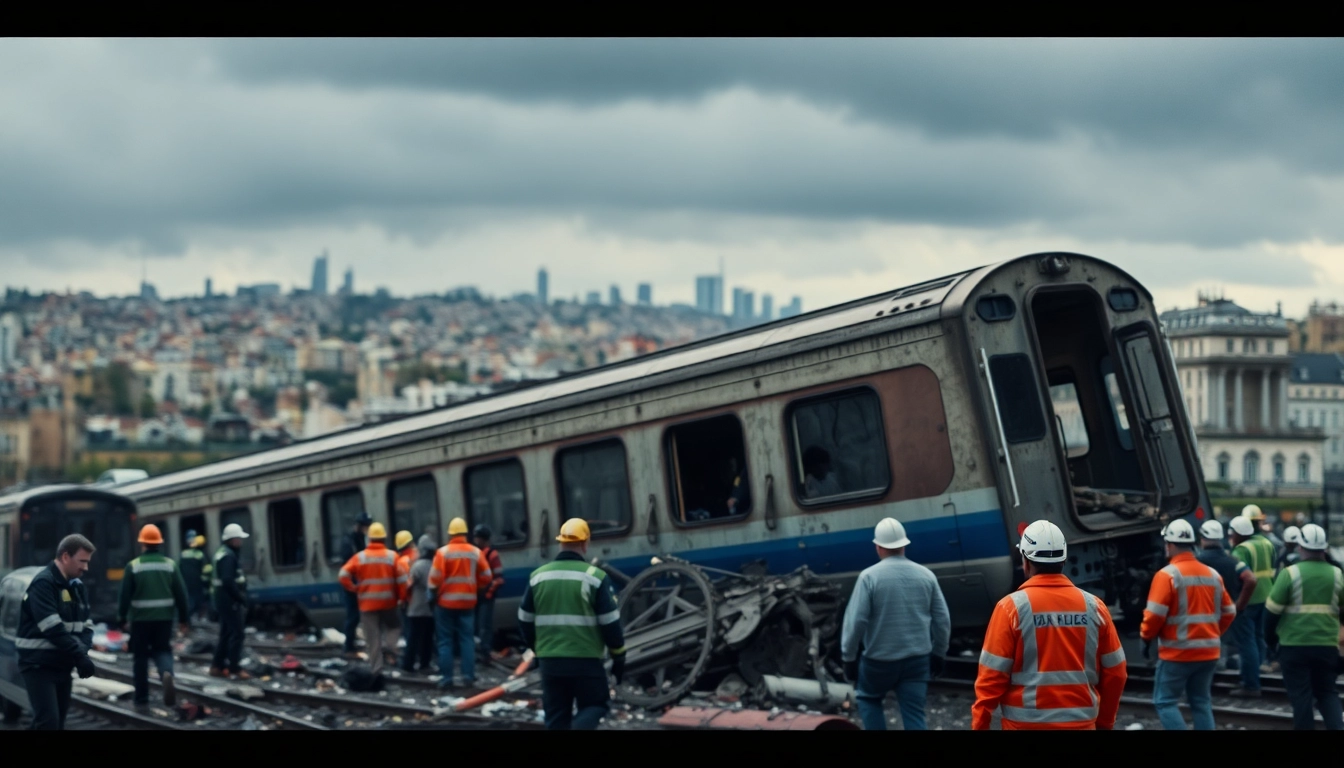 Emergency responders at the spain train crash site, highlighting the scene's urgency and destruction.