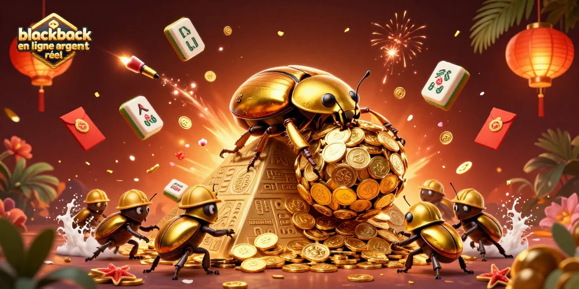 Découvrez le blackjack en ligne argent réel avec cette illustration captivante d’un scarabée doré et des symboles de casino.