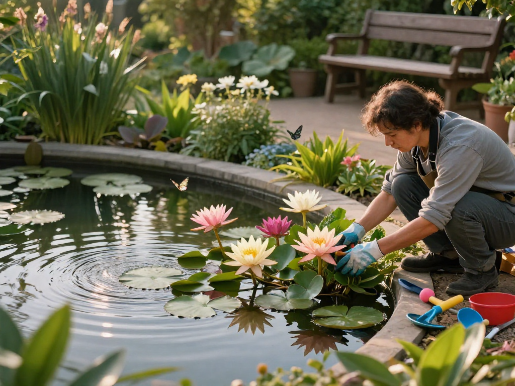 Buy Water Lilies in a tranquil garden pond with vibrant blooms and a gardener tending to the plants.