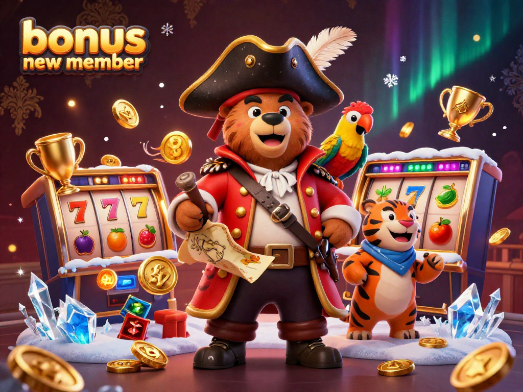 Win big with the bonus new member offer in this casino-themed illustration showcasing 3D characters and slot reels.