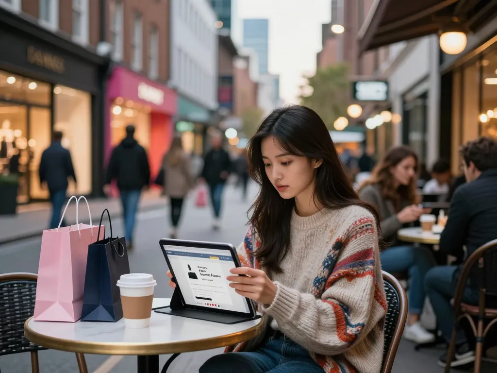 Stylish shopper exploring 레플리카 쇼핑몰 on tablet at urban café with vibrant city backdrop.