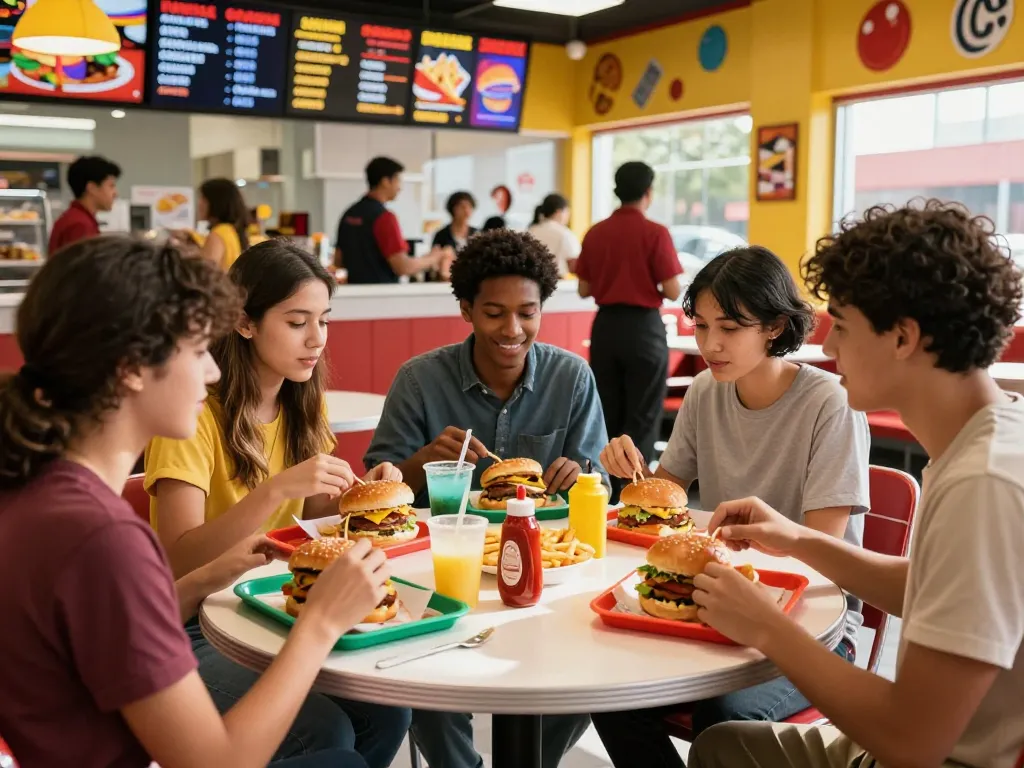 Colorful fast food restaurant scene featuring friends enjoying meals while highlighting fast food prices in a vibrant atmosphere.