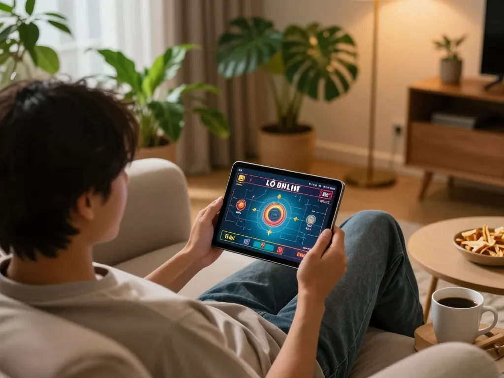 Lô đề online gaming session at home with tablet, snacks, and warm lighting, showcasing strategic entertainment.