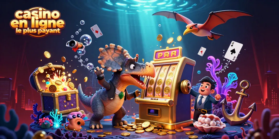 Le casino en ligne le plus payant avec un pachycéphalosaurus en train de frapper une machine à sous en or, monnaie dorée s'envolant.
