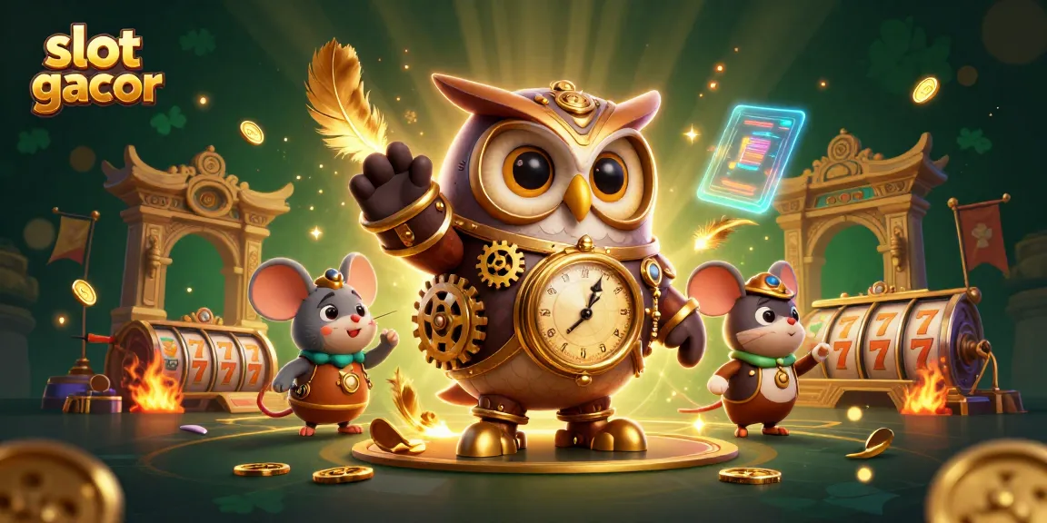Engage with slot gacor gameplay featuring a time-travel owl in a vibrant casino scene.