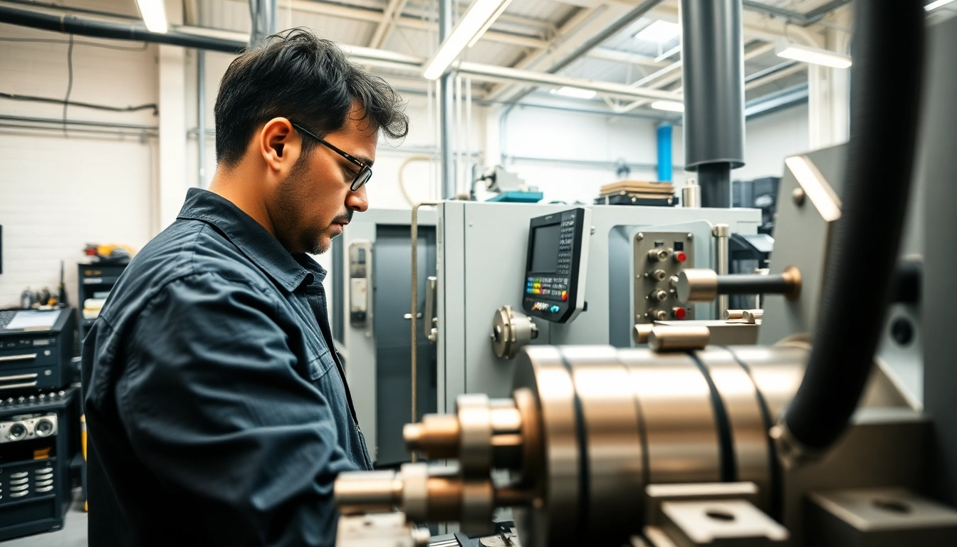 Custom part manufacturer operating a lathe machine in a modern workshop.