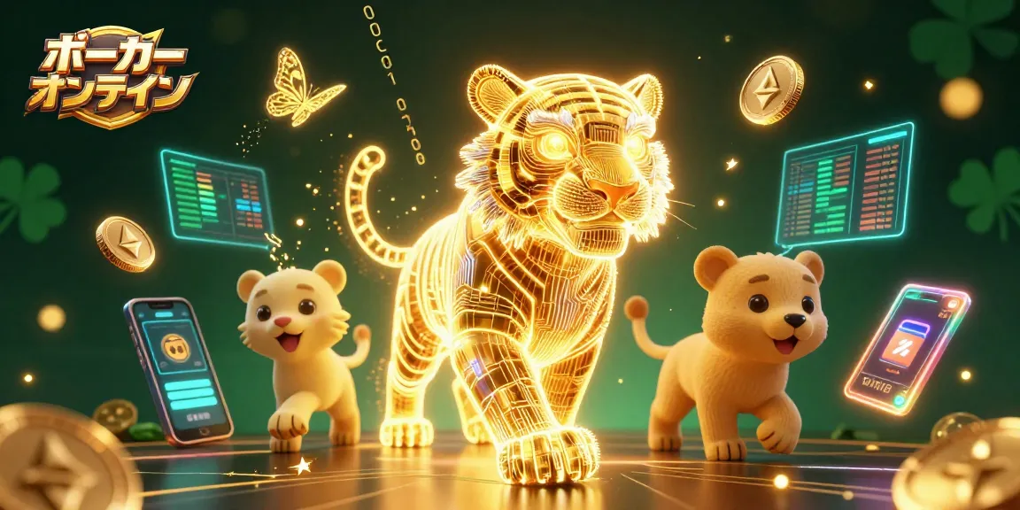 ポーカーオンラインのおすすめの美しい3Dアートで、デジタルカジノの中を進む光エネルギーの虎が描かれています。