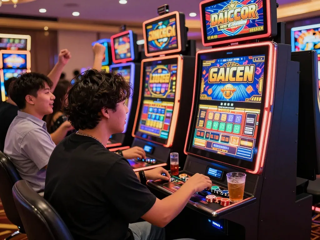 Suasana menarik seorang pemain di mesin slot gacor di kasino yang ramai.