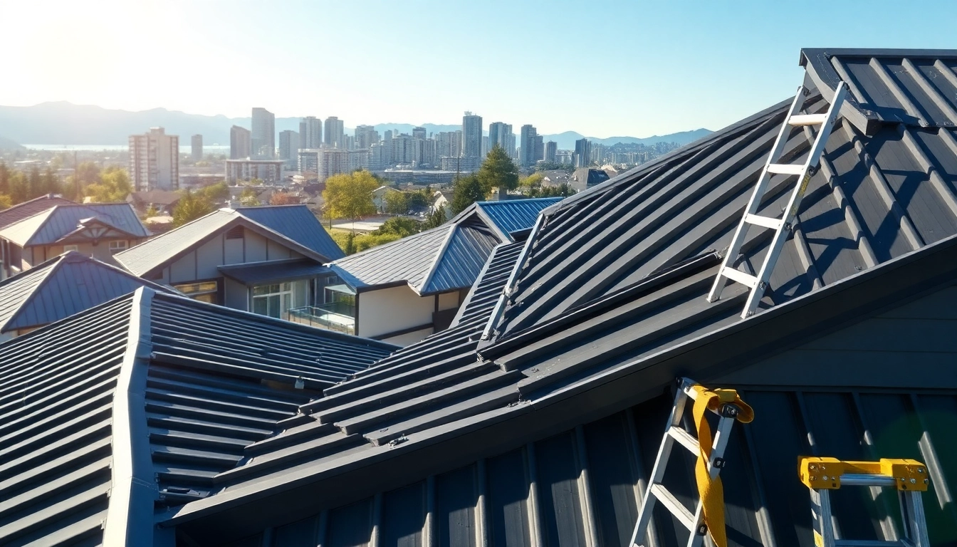 Installers showcasing high-quality metal roofing vancouver against a stunning city background.