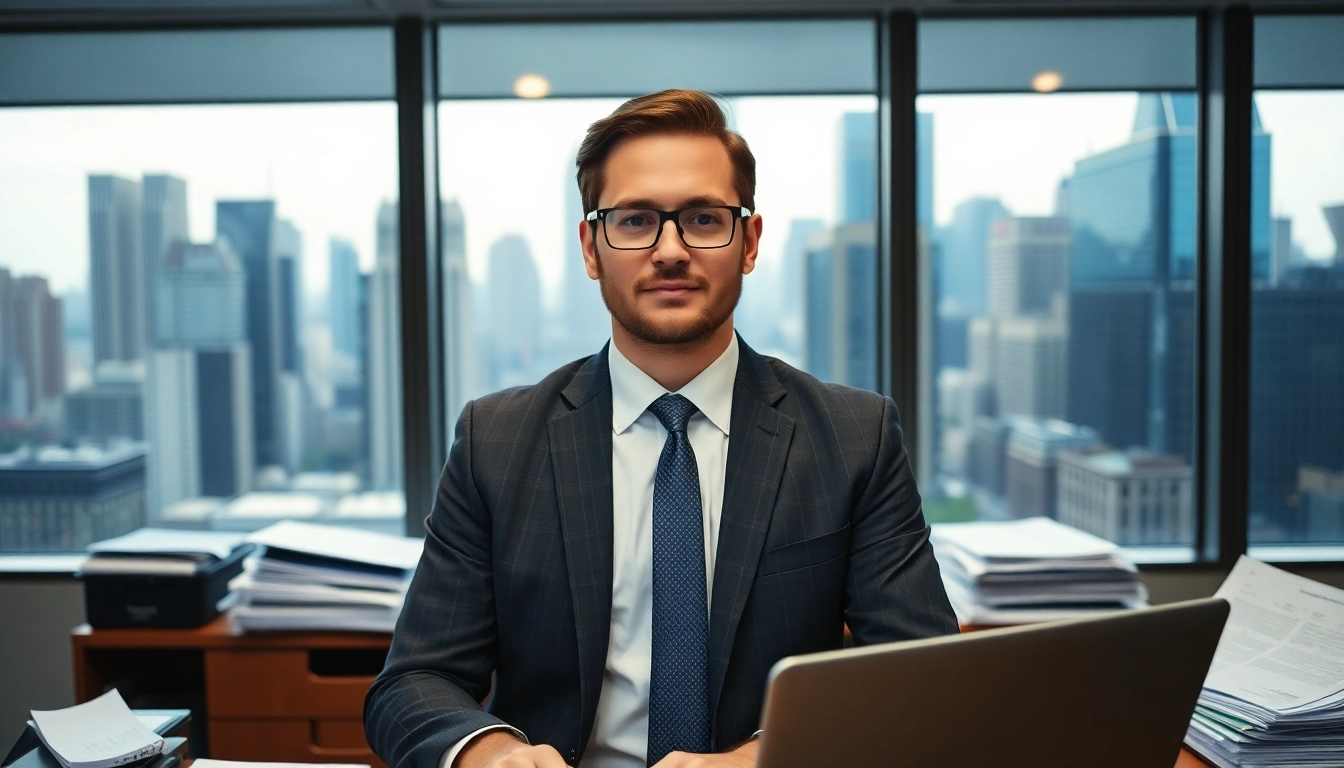 Mark Baum, professional analyst in a modern office, analyzing financial reports.