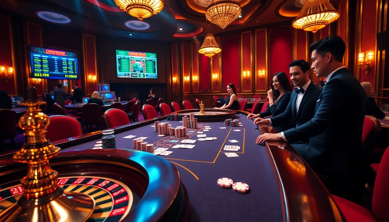 Engaging players at KJC COM enjoying a high-stakes poker game in a luxurious casino setting.