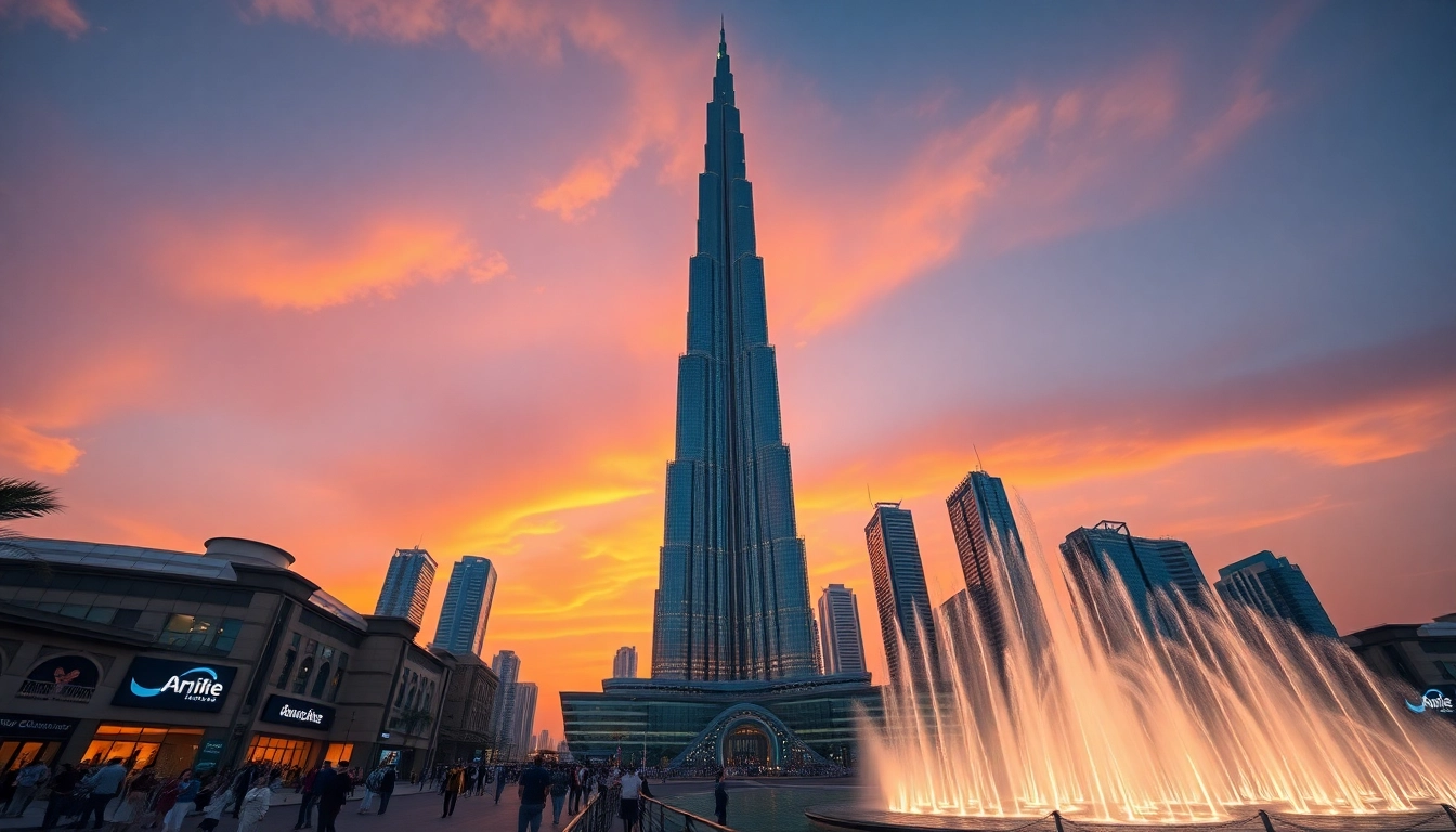 Stunning view of Dubai highest building, Burj Khalifa, at sunset highlighting its architectural beauty.