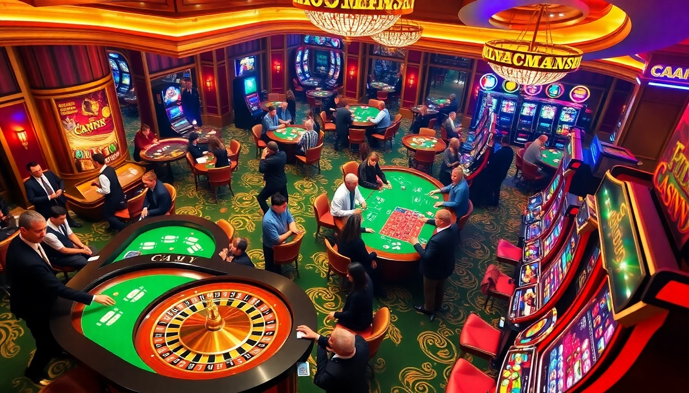 Atmosphère de casino excitante avec des expériences de jeu en direct au meilleur casino en ligne, rempli de joueurs aux tables de roulette et de poker.