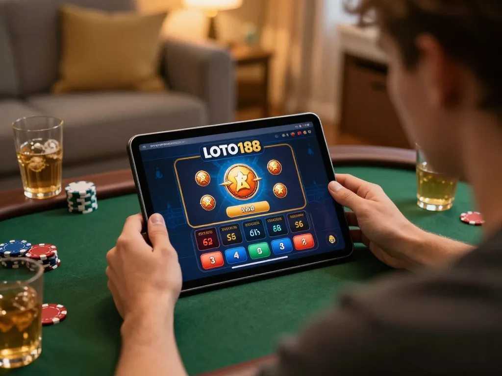 Engaging with LOTO188 LINK MỚI on a tablet, surrounded by poker chips and drinks in a cozy setting.