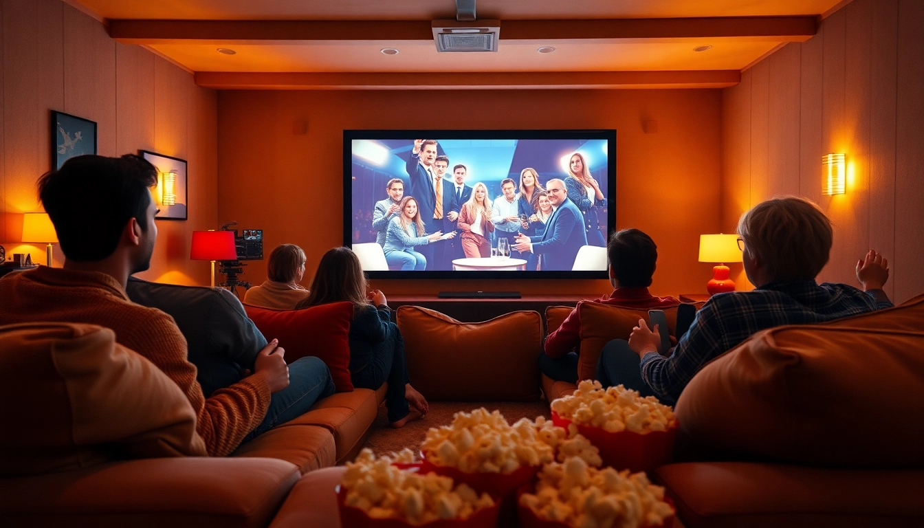 Experience ดูหนังออนไลน์ in a cozy home theater with friends and family enjoying movie night.