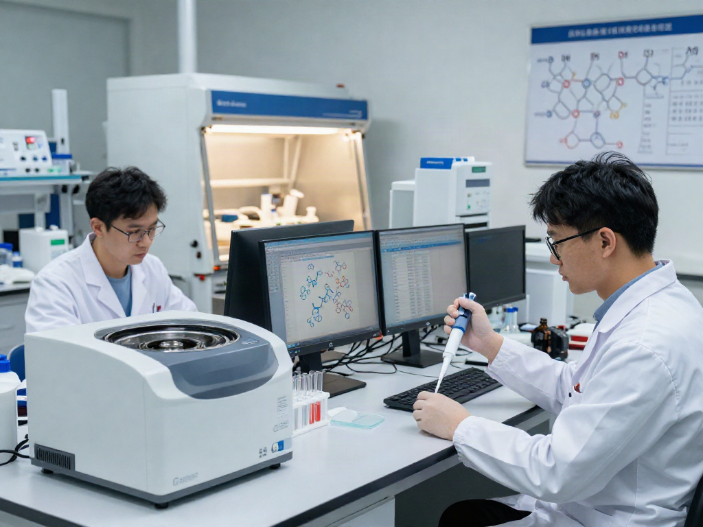 Laboratory research peptides being synthesized by scientists in a modern lab.