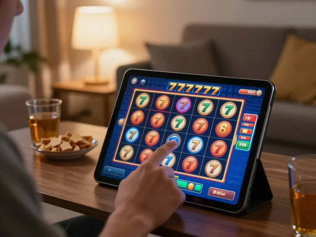 Player engaged in slot777 gaming on tablet at home, showcasing dynamic spinning reels.