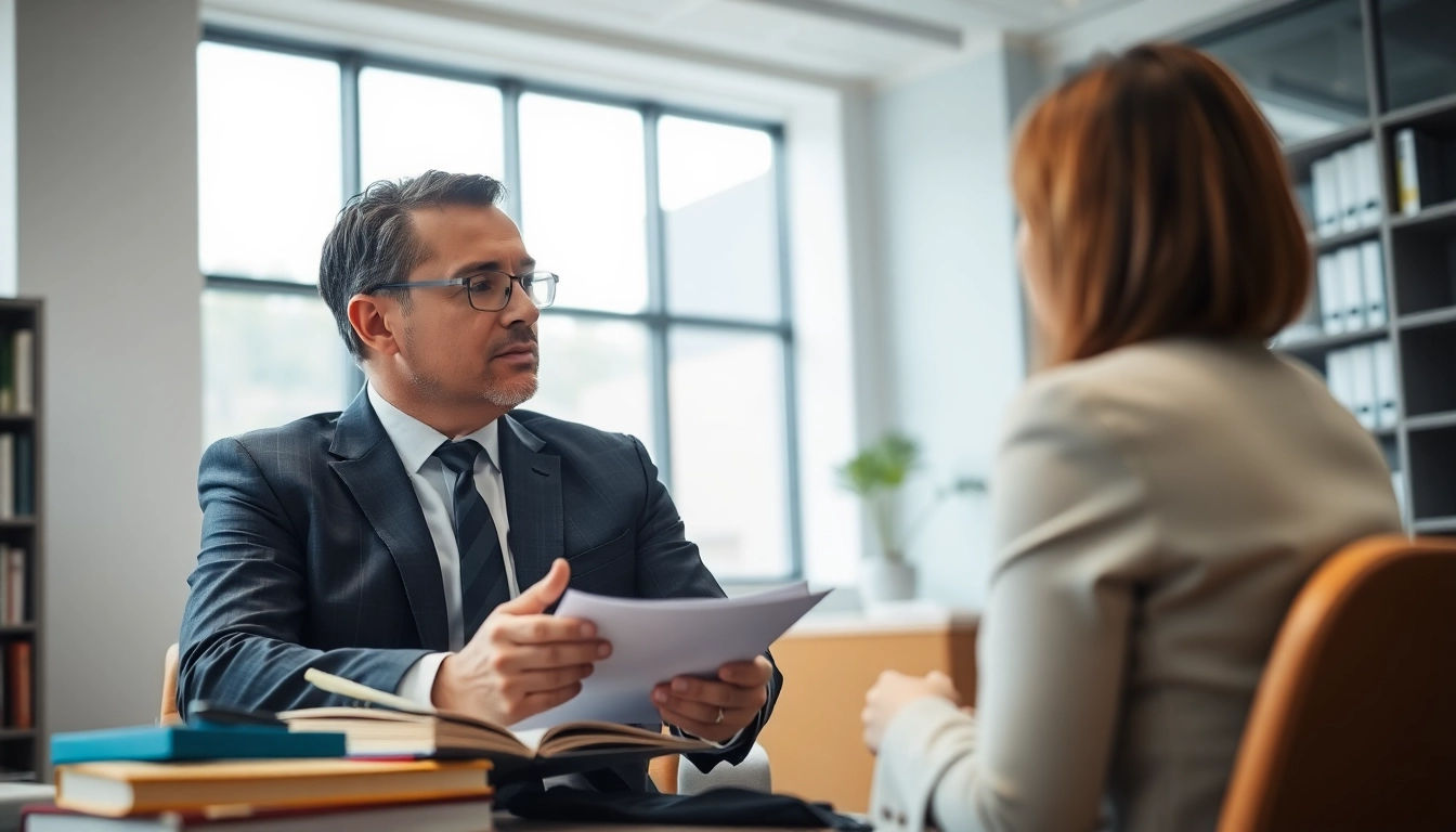 Birmingham Family Lawyer discussing legal options with a client in a modern office.